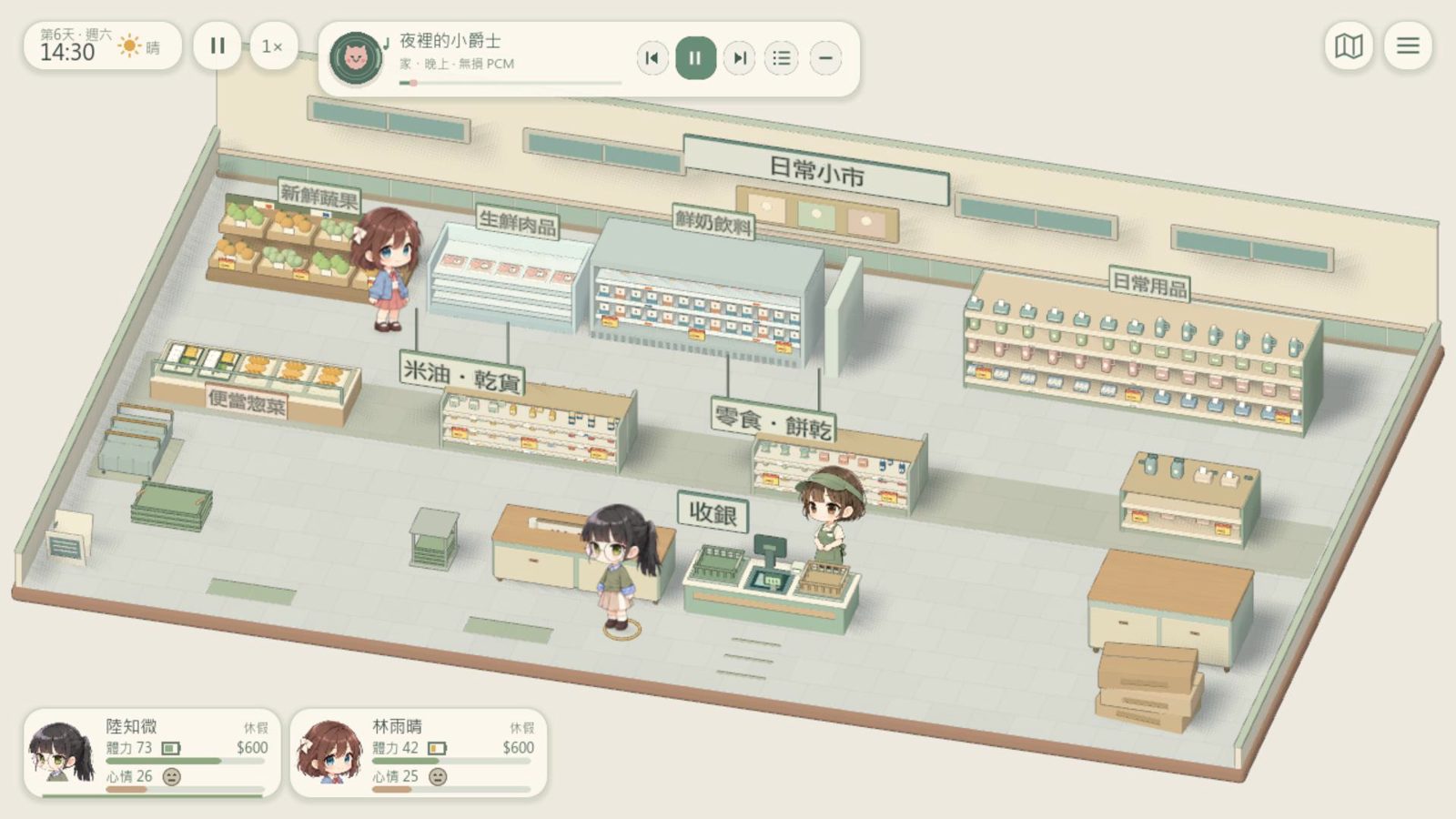 The supermarket with labelled aisles and a cashier at the checkout.