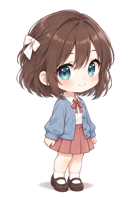 Lin Yuqing: short brown hair with a cream bow, blue cardigan and a pink pleated skirt.
