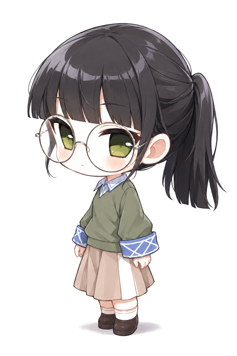 Lu Zhiwei: black ponytail, round glasses, green sweater and a beige pleated skirt.